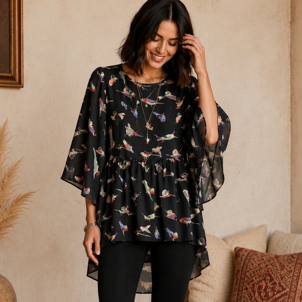 ASOS Bird Print Chiffon Flowy Bell Sleeve Blouse Top Black Size 8 NWT